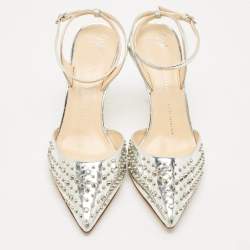 Giuseppe Zanotti Silver Foil Leather Studded Ankle Strap Pumps Size 38.5