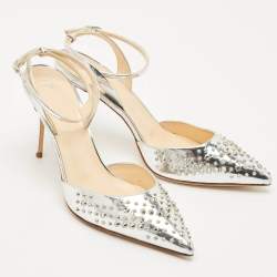 Giuseppe Zanotti Silver Foil Leather Studded Ankle Strap Pumps Size 38.5
