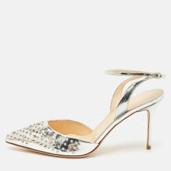 Giuseppe Zanotti Silver Foil Leather Studded Ankle Strap Pumps Size 38.5