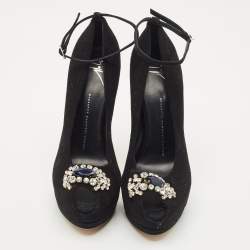 Giuseppe Zanotti Black Suede Crystal Embellished Ankle Strap Peep Toe Platform Pumps Size 39.5