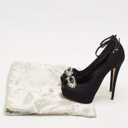Giuseppe Zanotti Black Suede Crystal Embellished Ankle Strap Peep Toe Platform Pumps Size 39.5