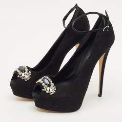 Giuseppe Zanotti Black Suede Crystal Embellished Ankle Strap Peep Toe Platform Pumps Size 39.5