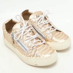 Pre Owned Giuseppe Zanotti Metallic Rose Gold Leather Double Zip Low Top Sneakers Size 37