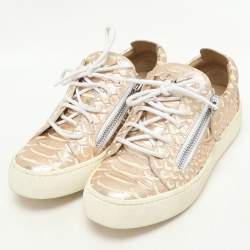 Pre Owned Giuseppe Zanotti Metallic Rose Gold Leather Double Zip Low Top Sneakers Size 37