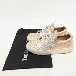Pre Owned Giuseppe Zanotti Metallic Rose Gold Leather Double Zip Low Top Sneakers Size 37