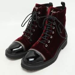 Pre Owned Giuseppe Zanotti Burgundy/Black Velvet and Patent Leather Ankle Boots Size 39.5