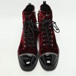 Pre Owned Giuseppe Zanotti Burgundy/Black Velvet and Patent Leather Ankle Boots Size 39.5