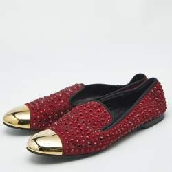 Pre Owned Giuseppe Zanotti Burgundy Suede Cap Toe Crystals Embellished Smoking Slippers Size 41