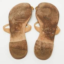 Pre Owned Giuseppe Zanotti Beige Leather Crystal Embellished Toe Ring Flat Sandals Size 38.5