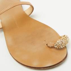 Pre Owned Giuseppe Zanotti Beige Leather Crystal Embellished Toe Ring Flat Sandals Size 38.5