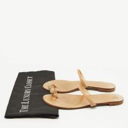 Pre Owned Giuseppe Zanotti Beige Leather Crystal Embellished Toe Ring Flat Sandals Size 38.5