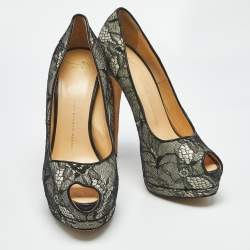 Pre Owned Giuseppe Zanotti Black/White Floral Lace Peep Toe Platform Pumps Size 41