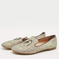 Pre Owned Giuseppe Zanotti Multicolor Glitter and Suede Shark Tooth Smoking Slippers Size 38.5