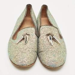 Pre Owned Giuseppe Zanotti Multicolor Glitter and Suede Shark Tooth Smoking Slippers Size 38.5