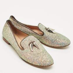 Pre Owned Giuseppe Zanotti Multicolor Glitter and Suede Shark Tooth Smoking Slippers Size 38.5