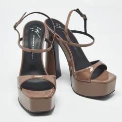 Pre Owned Giuseppe Zanotti Taupe Brown Patent Leather Sylvy Ankle Strap Platform Sandals Size 36