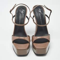 Pre Owned Giuseppe Zanotti Taupe Brown Patent Leather Sylvy Ankle Strap Platform Sandals Size 36