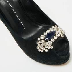 Pre Owned Giuseppe Zanotti Black Suede Crystal Embellished Ankle Strap Peep Toe Platform Pumps Size 40.5
