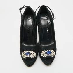 Pre Owned Giuseppe Zanotti Black Suede Crystal Embellished Ankle Strap Peep Toe Platform Pumps Size 40.5