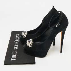 Pre Owned Giuseppe Zanotti Black Suede Crystal Embellished Ankle Strap Peep Toe Platform Pumps Size 40.5