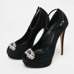 Pre Owned Giuseppe Zanotti Black Suede Crystal Embellished Ankle Strap Peep Toe Platform Pumps Size 40.5