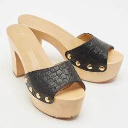Pre Owned Giuseppe Zanotti Black Croc Embossed Leather Platform Clogs Size 38
