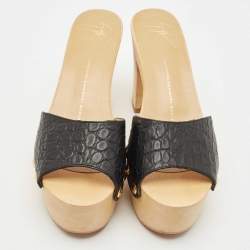 Pre Owned Giuseppe Zanotti Black Croc Embossed Leather Platform Clogs Size 38