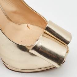 Pre Owned Giuseppe Zanotti Metallic Gold Leather Bow Embellished Platform Slingback Pumps Size 38.5