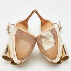 Pre Owned Giuseppe Zanotti Metallic Gold Leather Bow Embellished Platform Slingback Pumps Size 38.5