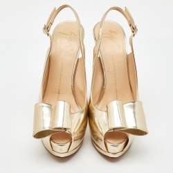 Pre Owned Giuseppe Zanotti Metallic Gold Leather Bow Embellished Platform Slingback Pumps Size 38.5