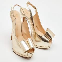 Pre Owned Giuseppe Zanotti Metallic Gold Leather Bow Embellished Platform Slingback Pumps Size 38.5