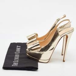 Pre Owned Giuseppe Zanotti Metallic Gold Leather Bow Embellished Platform Slingback Pumps Size 38.5