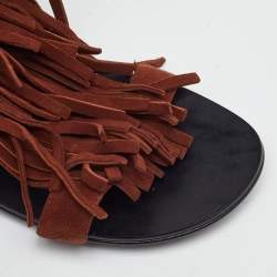 Pre Owned Giuseppe Zanotti Brown Suede Studded Fringe Gladiator Flat Sandals Size 37.5