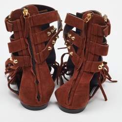 Pre Owned Giuseppe Zanotti Brown Suede Studded Fringe Gladiator Flat Sandals Size 37.5
