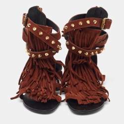 Pre Owned Giuseppe Zanotti Brown Suede Studded Fringe Gladiator Flat Sandals Size 37.5
