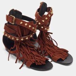 Pre Owned Giuseppe Zanotti Brown Suede Studded Fringe Gladiator Flat Sandals Size 37.5