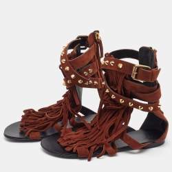 Pre Owned Giuseppe Zanotti Brown Suede Studded Fringe Gladiator Flat Sandals Size 37.5