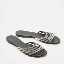 Pre Owned Giuseppe Zanotti Black/Silver Crystal Embellished Leather Flat Slides Size 40