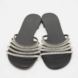 Pre Owned Giuseppe Zanotti Black/Silver Crystal Embellished Leather Flat Slides Size 40