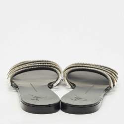 Pre Owned Giuseppe Zanotti Black/Silver Crystal Embellished Leather Flat Slides Size 40