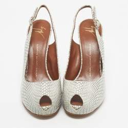 Pre Owned Giuseppe Zanotti Grey/White Python Embossed Leather Peep Toe Slingback Pumps Size 41