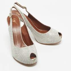 Pre Owned Giuseppe Zanotti Grey/White Python Embossed Leather Peep Toe Slingback Pumps Size 41