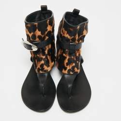 Pre Owned Giuseppe Zanotti Black/Brown Leather and Leopard Print Hair On Buckle Detail Flat Sandals Size 37