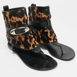 Pre Owned Giuseppe Zanotti Black/Brown Leather and Leopard Print Hair On Buckle Detail Flat Sandals Size 37