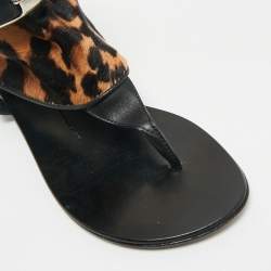 Pre Owned Giuseppe Zanotti Black/Brown Leather and Leopard Print Hair On Buckle Detail Flat Sandals Size 37