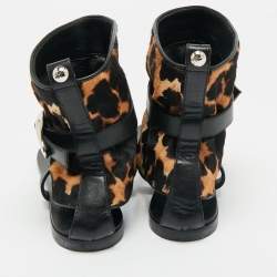 Pre Owned Giuseppe Zanotti Black/Brown Leather and Leopard Print Hair On Buckle Detail Flat Sandals Size 37