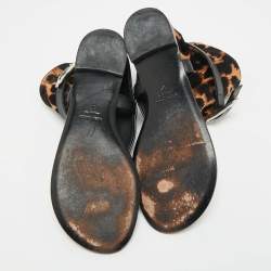 Pre Owned Giuseppe Zanotti Black/Brown Leather and Leopard Print Hair On Buckle Detail Flat Sandals Size 37