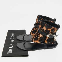 Pre Owned Giuseppe Zanotti Black/Brown Leather and Leopard Print Hair On Buckle Detail Flat Sandals Size 37
