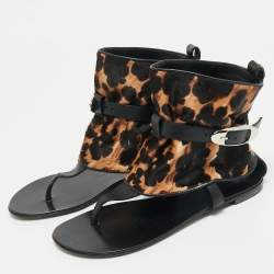 Pre Owned Giuseppe Zanotti Black/Brown Leather and Leopard Print Hair On Buckle Detail Flat Sandals Size 37