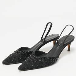 Pre Owned Giuseppe Zanotti Black Satin Crystal Embellished Slingback Pumps Size 36